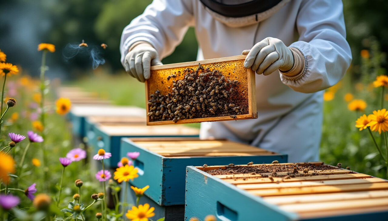 Champ de fleurs pollinisé par les abeilles d'Apiculture Galai